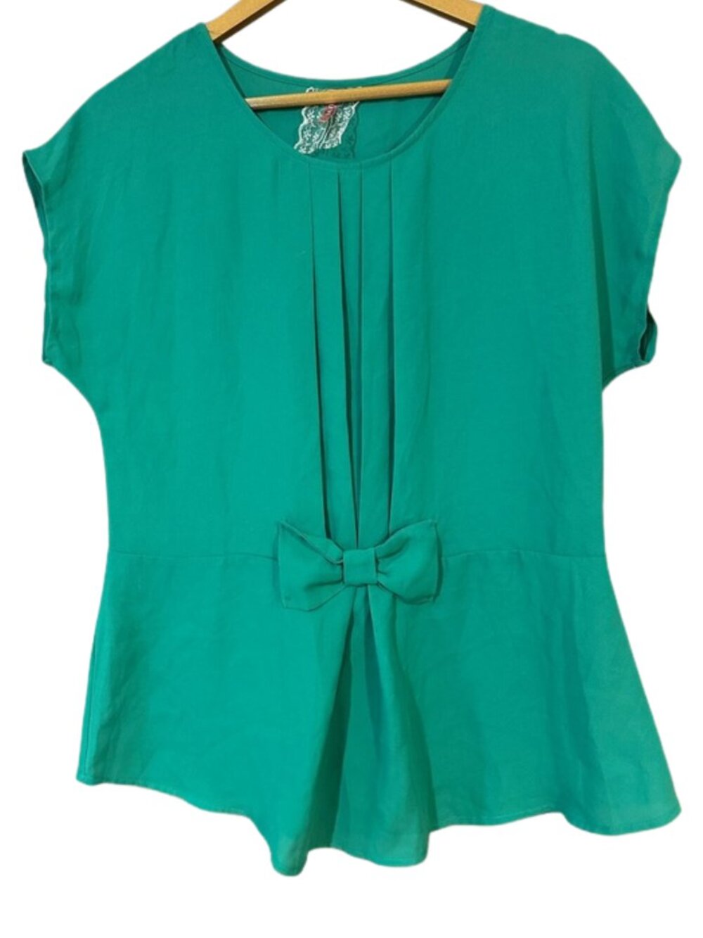 Mauve Teal Bow Front Blouse Womens Large Pleated Peplum Top